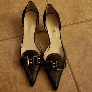Classic Prada black kitten heel/buckle pumps, 9